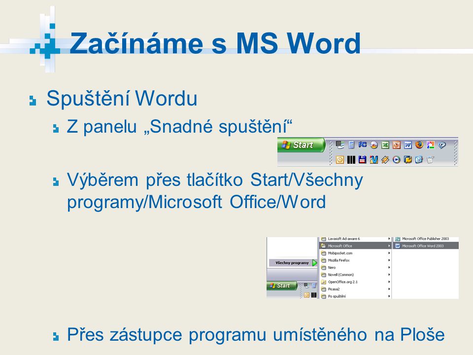 Začínáme s MS Word Spuštění Wordu Z panelu „Snadné spuštění