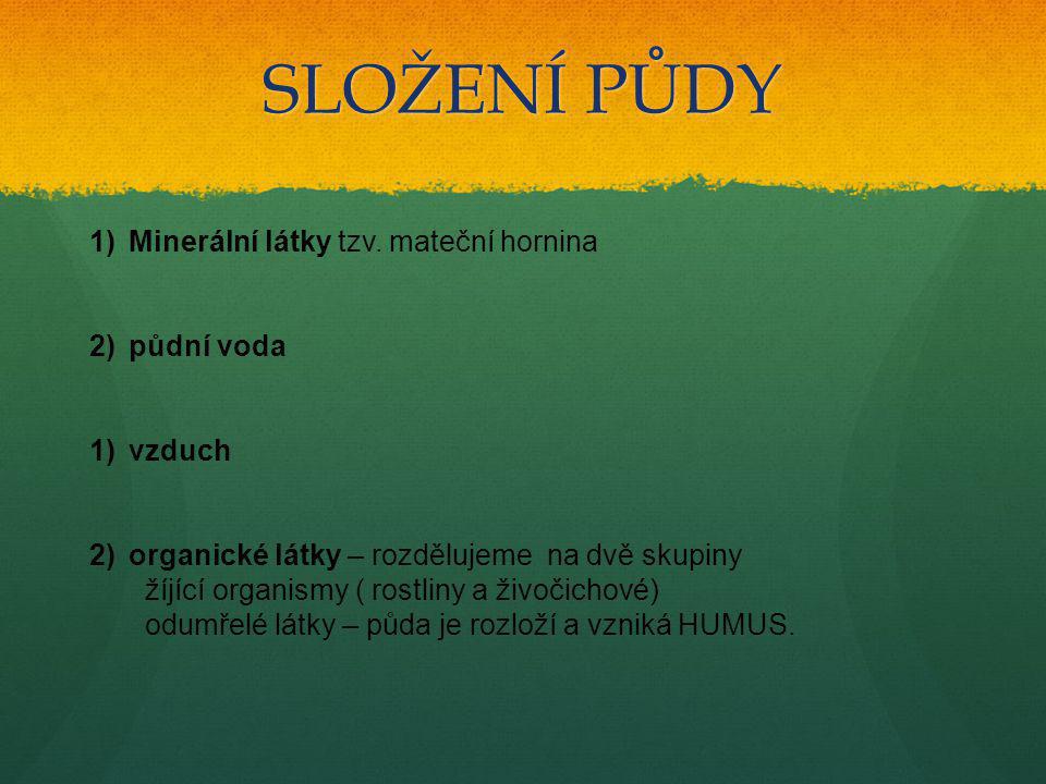 SLOŽENÍ PŮDY Minerální látky tzv. mateční hornina půdní voda vzduch