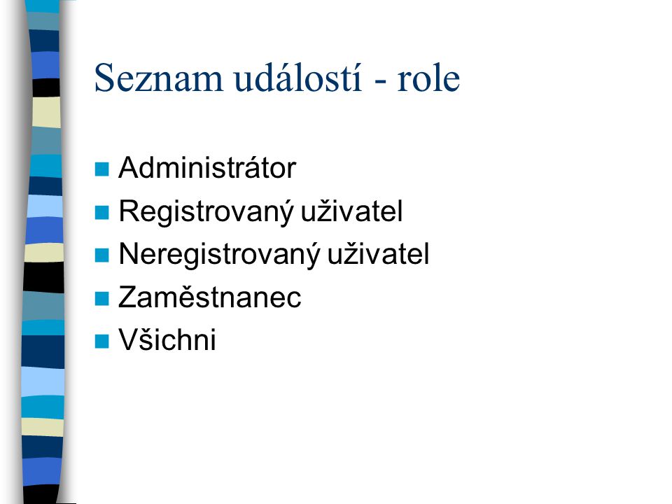 Seznam událostí - role Administrátor Registrovaný uživatel