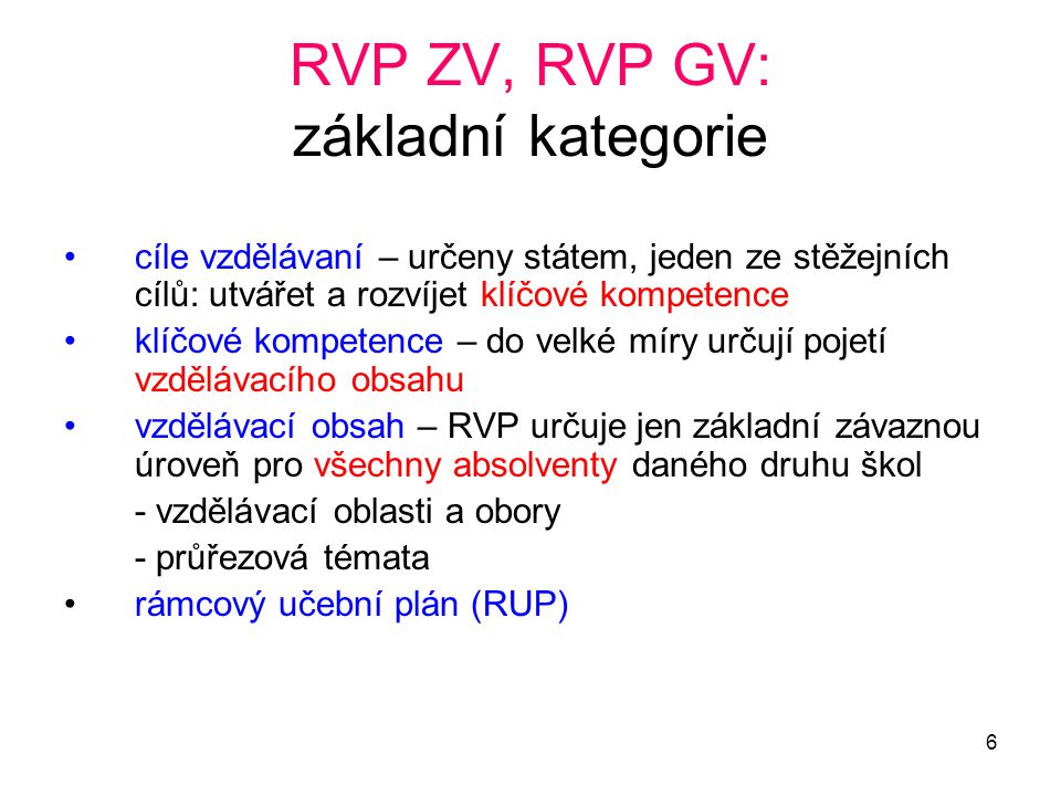 RVP ZV, RVP GV: základní kategorie