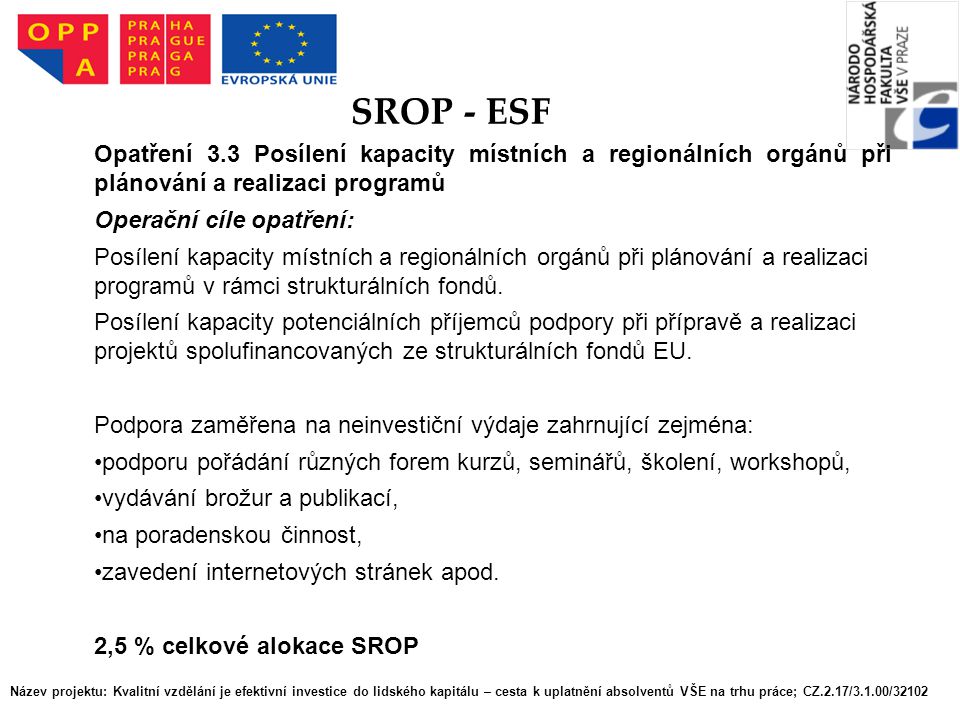 SROP - ESF Opatření 3.3 Posílení kapacity místních a regionálních orgánů při plánování a realizaci programů.