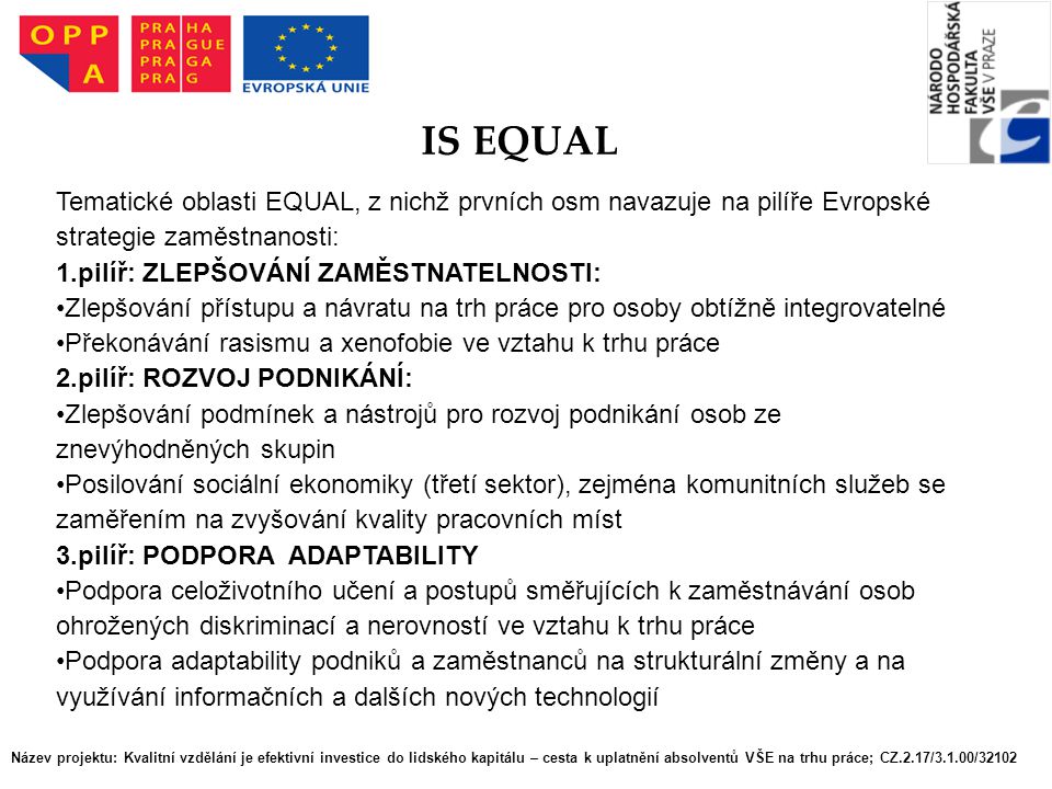 IS EQUAL Tematické oblasti EQUAL, z nichž prvních osm navazuje na pilíře Evropské strategie zaměstnanosti: