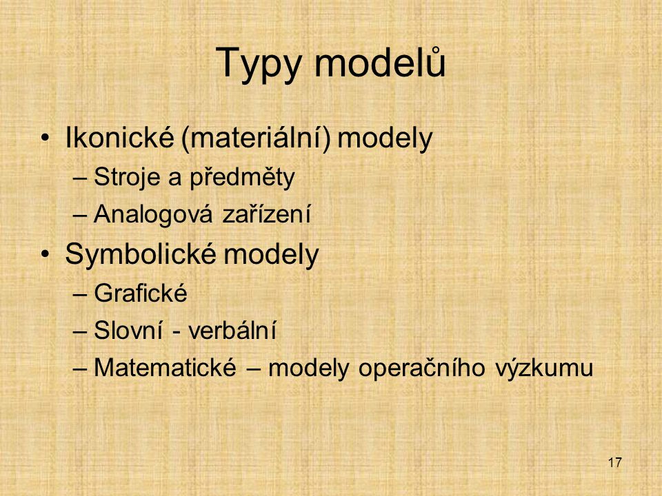 Typy modelů Ikonické (materiální) modely Symbolické modely