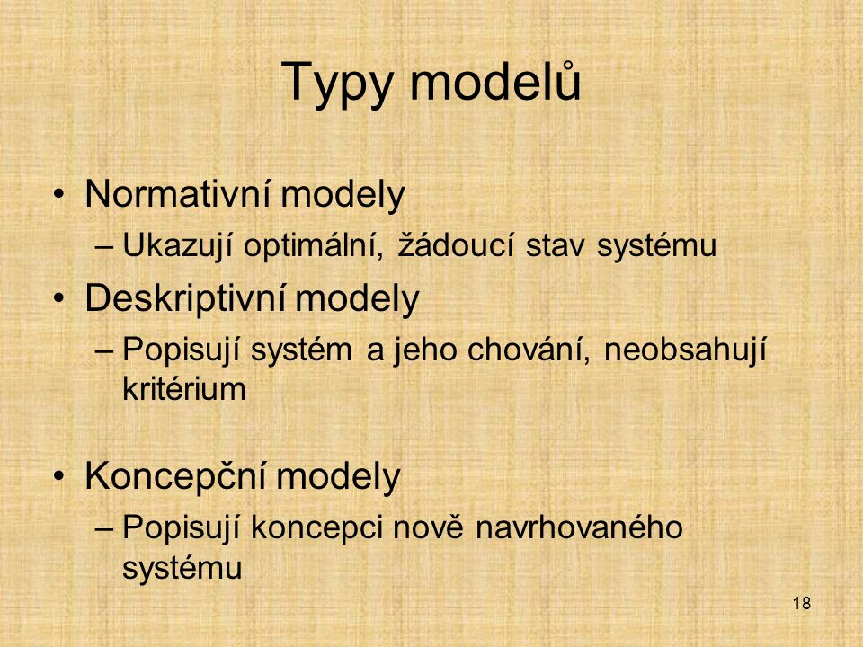 Typy modelů Normativní modely Deskriptivní modely Koncepční modely