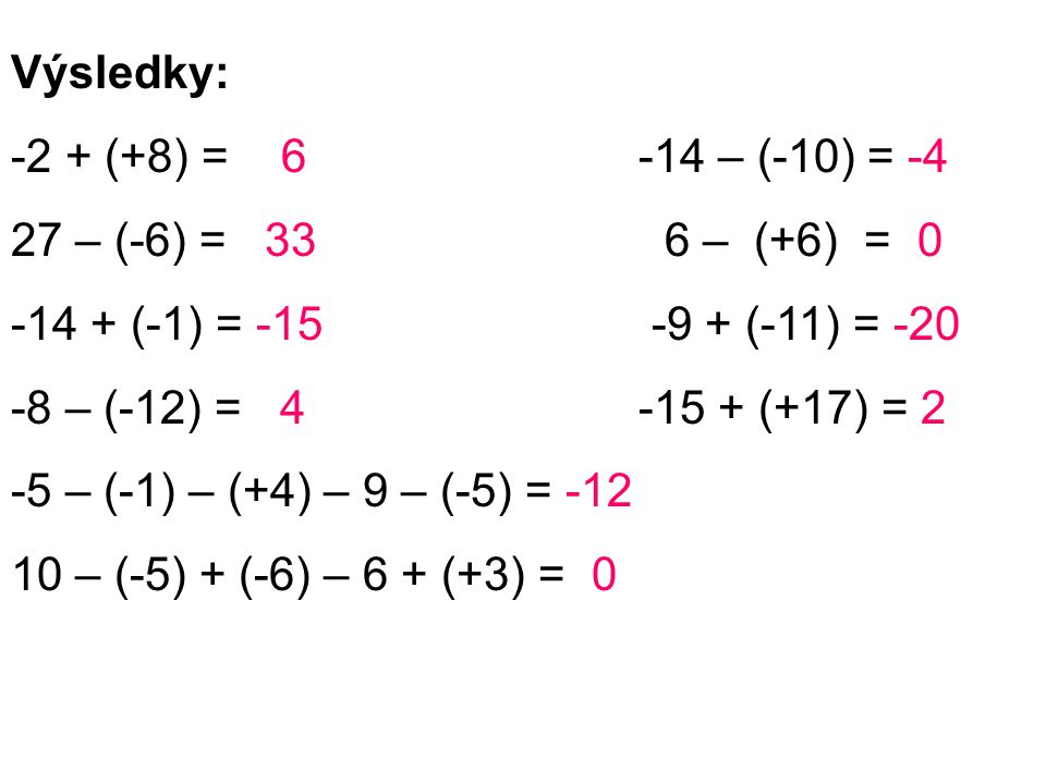 Výsledky: -2 + (+8) = – (-10) = – (-6) = 33 6 – (+6) = (-1) = (-11) = -20.