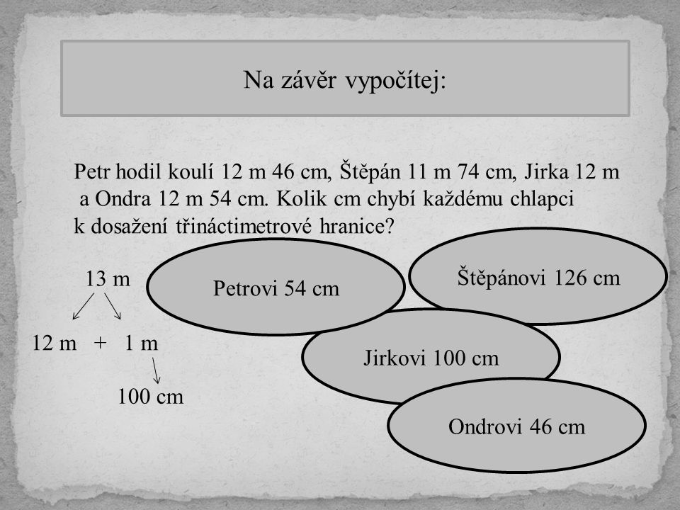 Na závěr vypočítej: Petr hodil koulí 12 m 46 cm, Štěpán 11 m 74 cm, Jirka 12 m. a Ondra 12 m 54 cm. Kolik cm chybí každému chlapci.