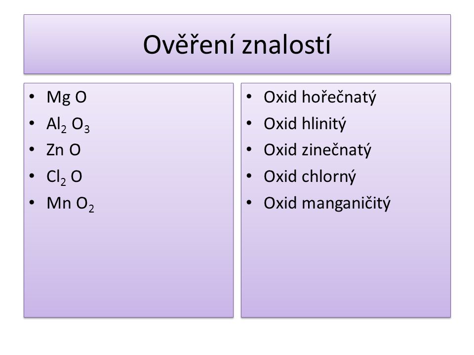 Ověření znalostí Mg O Al2 O3 Zn O Cl2 O Mn O2 Oxid hořečnatý