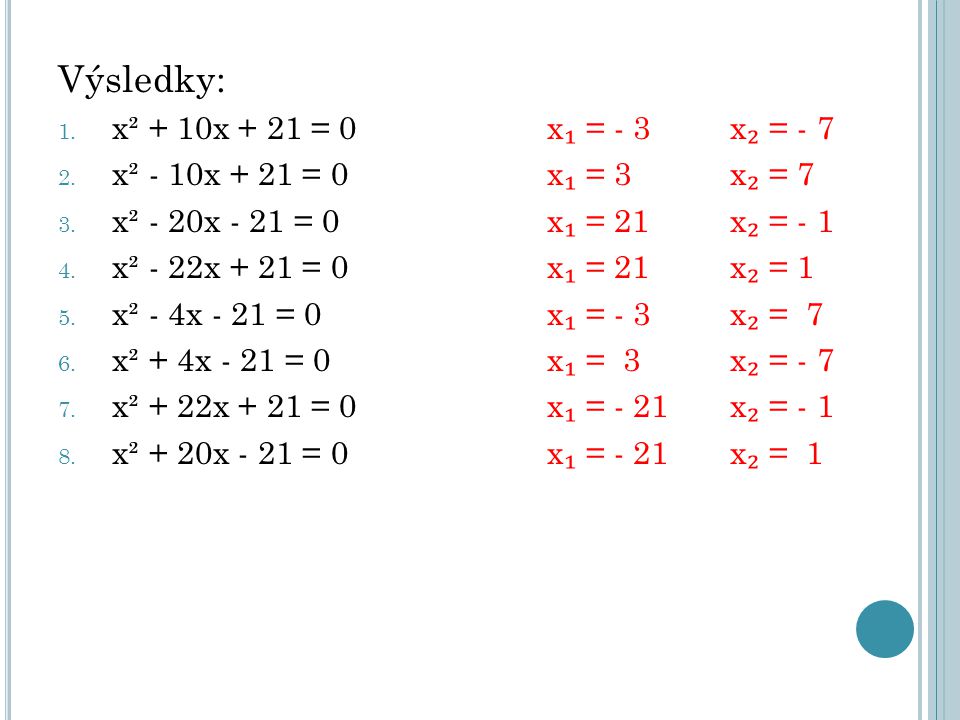 Výsledky: x² + 10x + 21 = 0 x₁ = - 3 x₂ = - 7