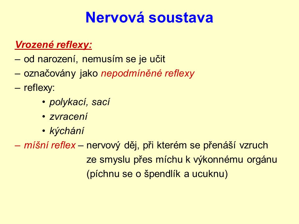 Nervová soustava Reflexy = odpověď organismu na podněty reflexy
