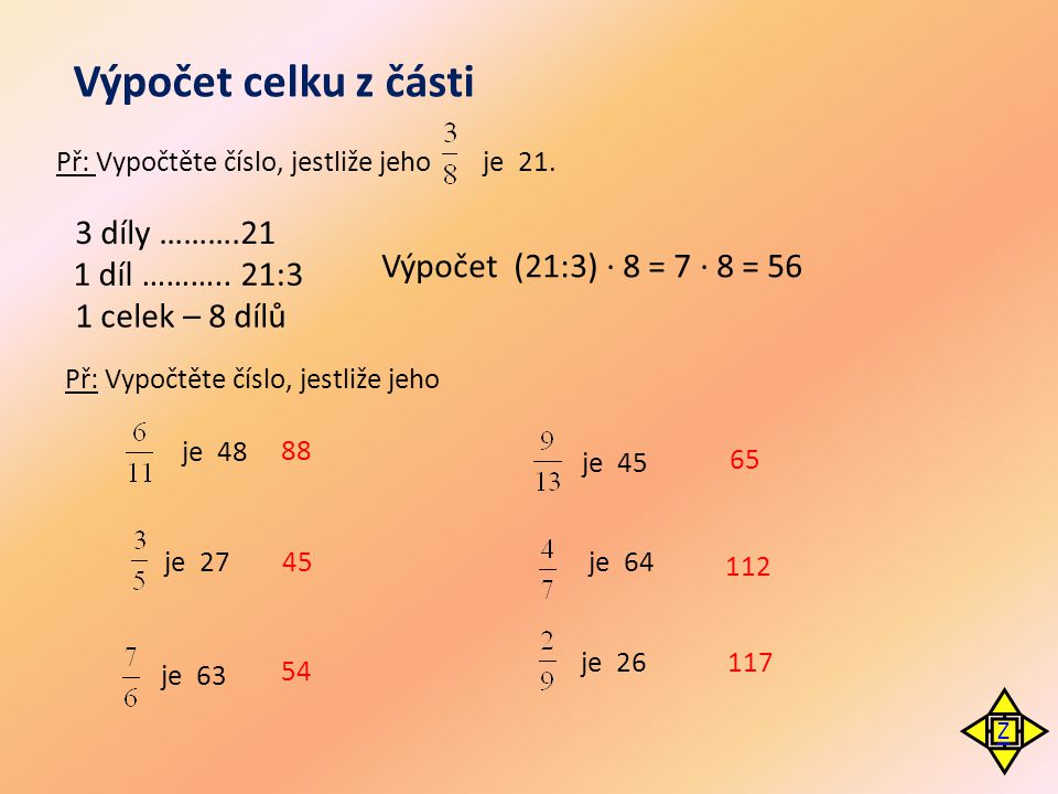 Výpočet celku z části 3 díly ……….21 Výpočet (21:3) · 8 = 7 · 8 = 56
