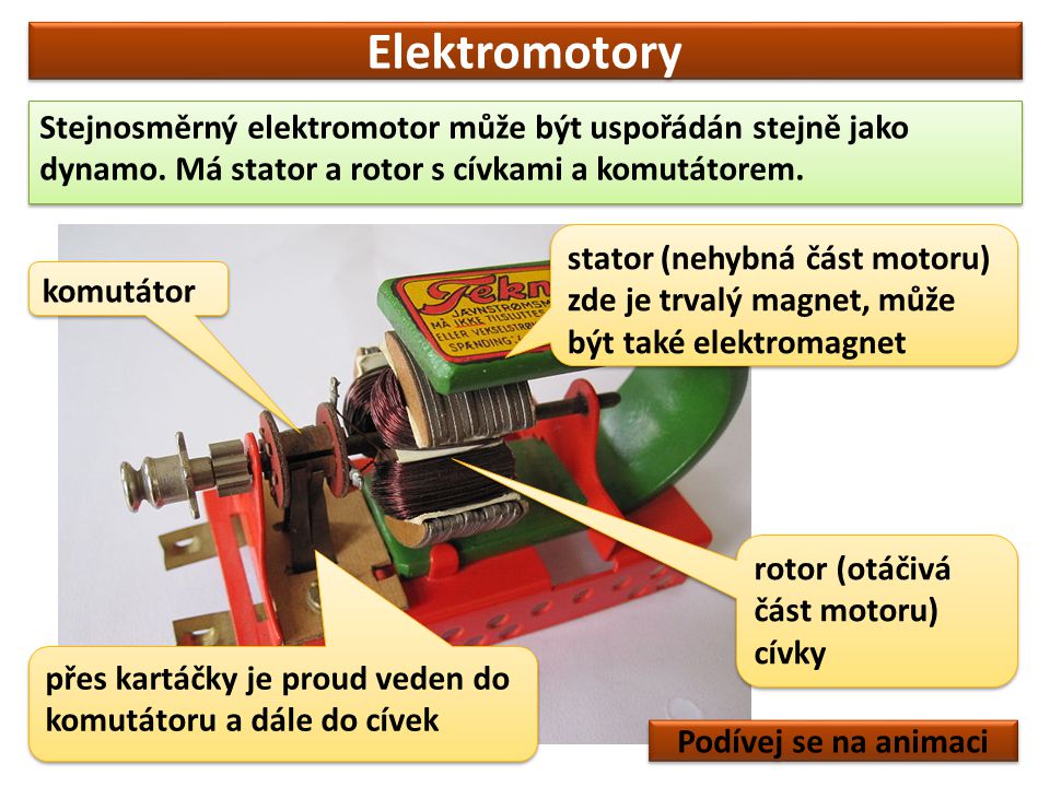 Elektromotory Stejnosměrný elektromotor může být uspořádán stejně jako dynamo. Má stator a rotor s cívkami a komutátorem.