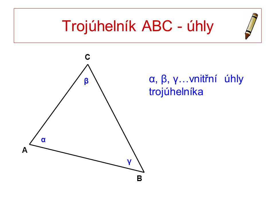 Trojúhelník ABC - úhly C α, β, γ…vnitřní úhly trojúhelníka β α A γ B