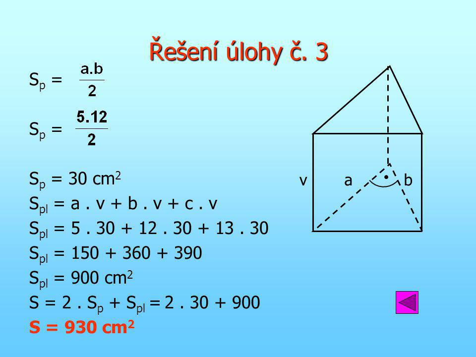 Řešení úlohy č. 3 Sp = Sp = 30 cm2 Spl = a . v + b . v + c . v