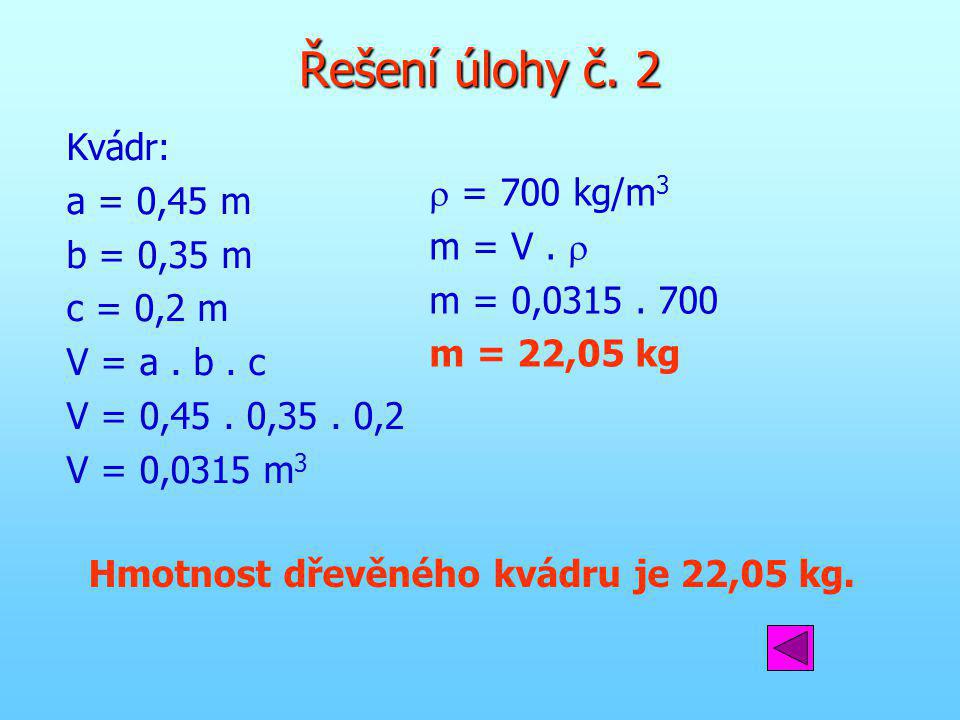 Hmotnost dřevěného kvádru je 22,05 kg.