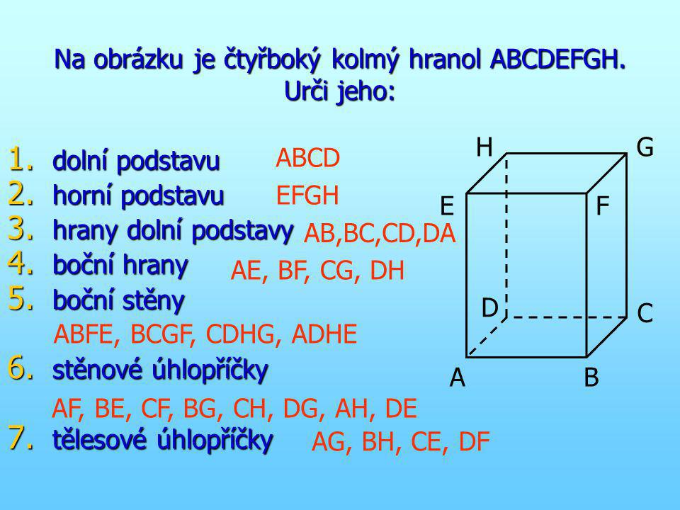 Na obrázku je čtyřboký kolmý hranol ABCDEFGH. Urči jeho: