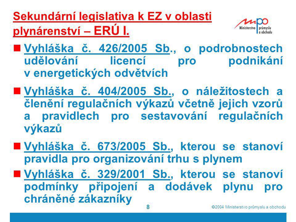 Sekundární legislativa k EZ v oblasti plynárenství – ERÚ I.