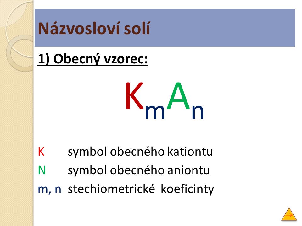 Názvosloví solí 1) Obecný vzorec: KmAn K symbol obecného kationtu