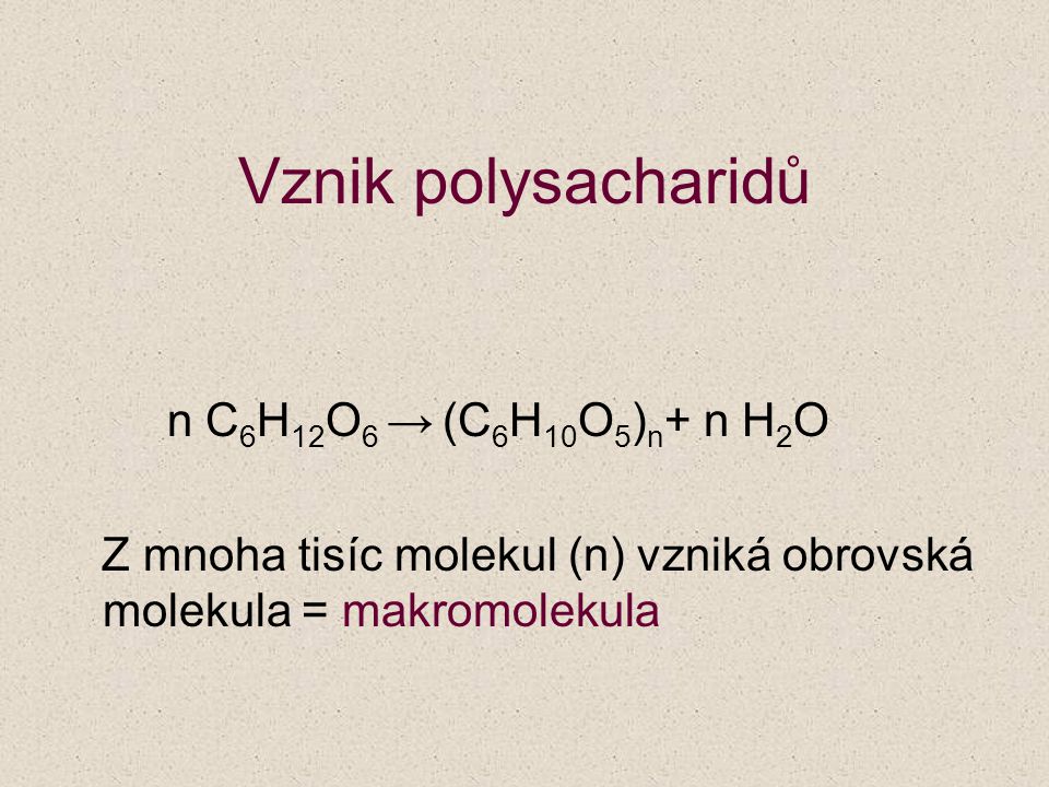 Vznik polysacharidů n C6H12O6 → (C6H10O5)n+ n H2O