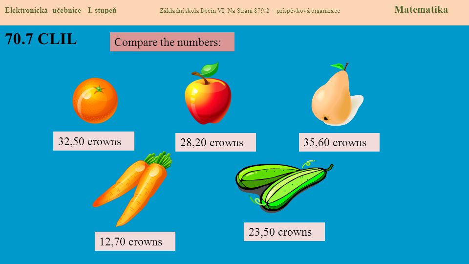 70.7 CLIL Compare the numbers: 32,50 crowns 28,20 crowns 35,60 crowns