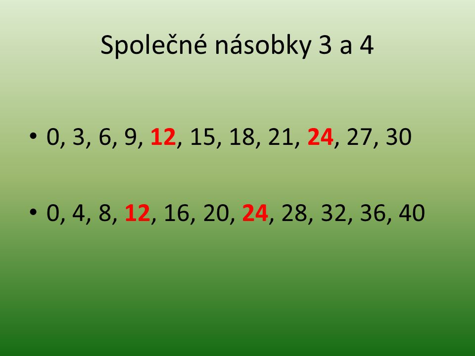Společné násobky 3 a 4 0, 3, 6, 9, 12, 15, 18, 21, 24, 27, 30.