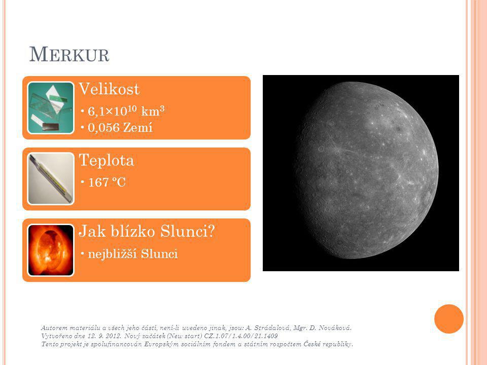 Merkur Velikost Teplota Jak blízko Slunci 6,1×1010 km3 0,056 Zemí