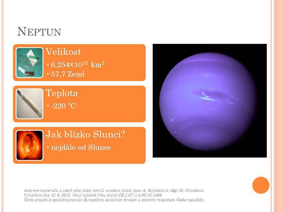 Neptun Velikost Teplota Jak blízko Slunci 6,254×1013 km3 57,7 Zemí