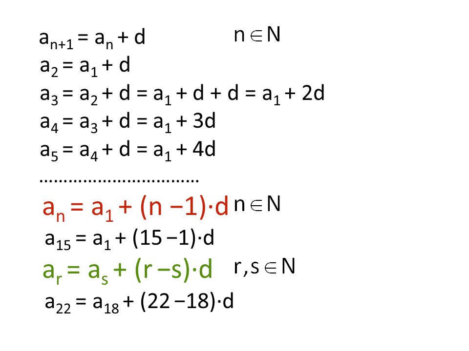 an = a1 + (n −1)·d ar = as + (r −s)·d a2 = a1 + d