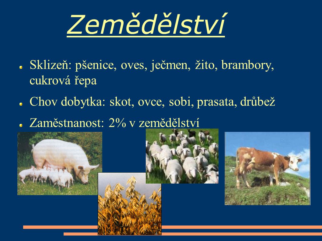 Zemědělství Sklizeň: pšenice, oves, ječmen, žito, brambory, cukrová řepa. Chov dobytka: skot, ovce, sobi, prasata, drůbež.