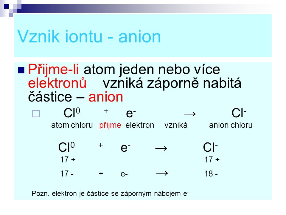 Vznik iontu - anion Přijme-li atom jeden nebo více elektronů vzniká záporně nabitá částice – anion.