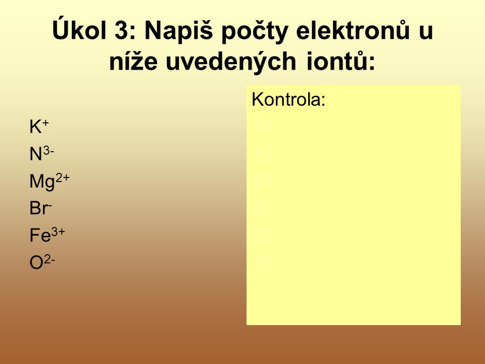 Úkol 3: Napiš počty elektronů u níže uvedených iontů: