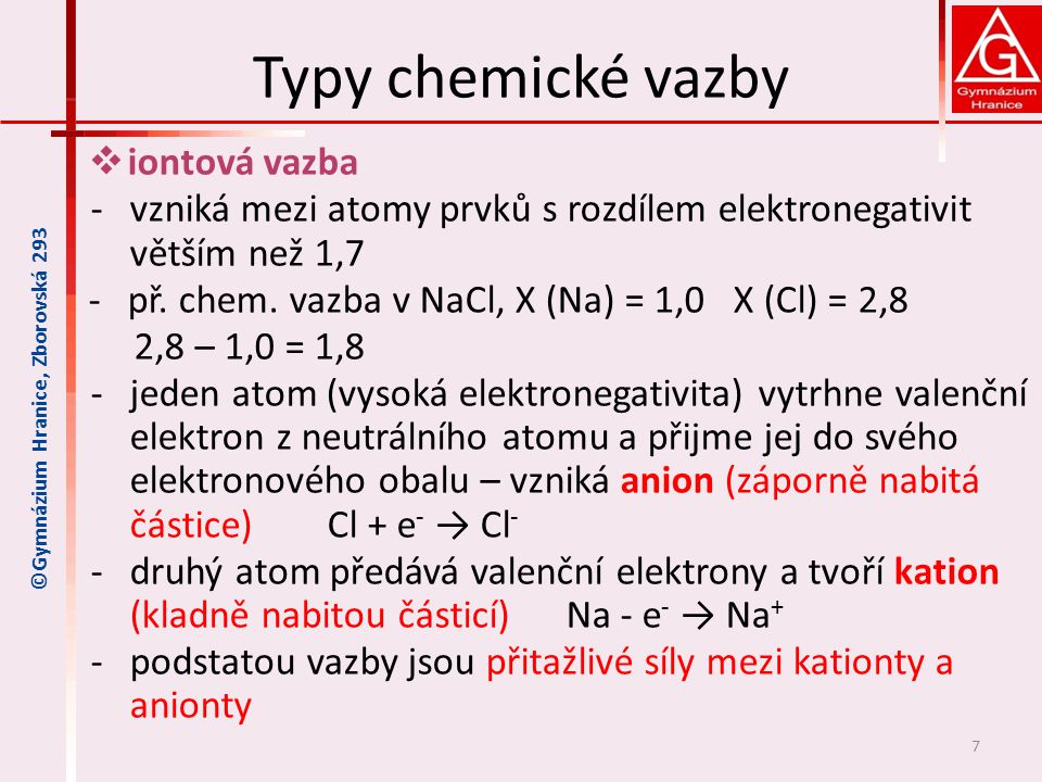 Typy chemické vazby iontová vazba