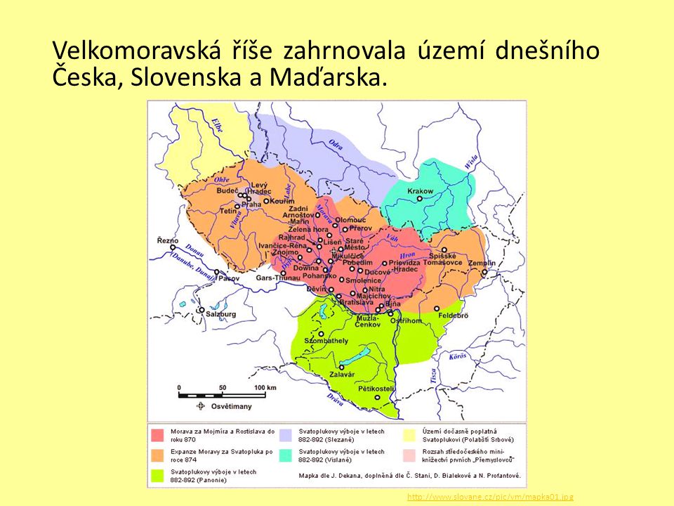 Velkomoravská říše zahrnovala území dnešního Česka, Slovenska a Maďarska.