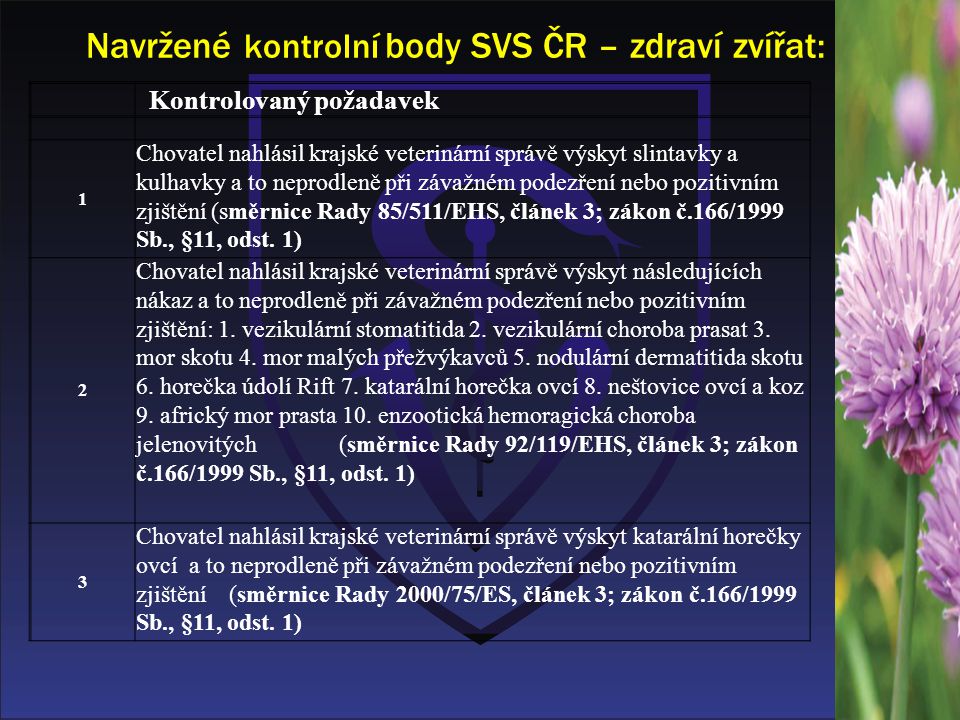 Navržené kontrolní body SVS ČR – zdraví zvířat: