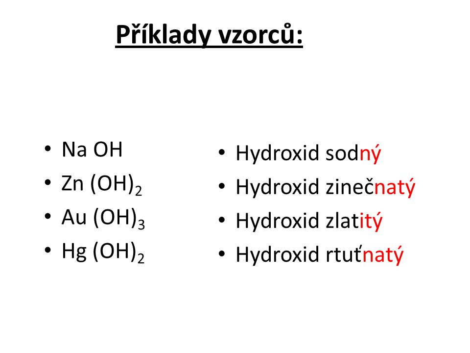 Příklady vzorců: Na OH Hydroxid sodný Zn (OH)2 Hydroxid zinečnatý