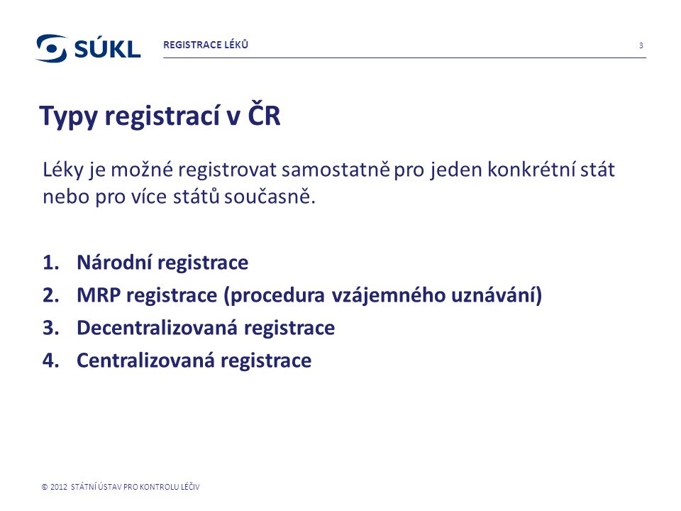 REGISTRACE LÉKŮ Typy registrací v ČR. Léky je možné registrovat samostatně pro jeden konkrétní stát nebo pro více států současně.
