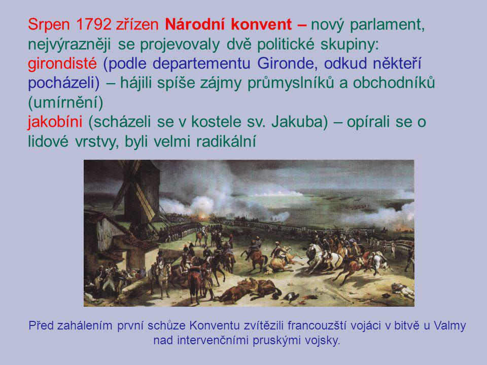 Srpen 1792 zřízen Národní konvent – nový parlament, nejvýrazněji se projevovaly dvě politické skupiny: