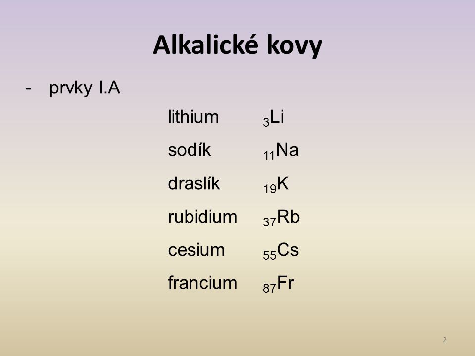 Alkalické kovy prvky I.A lithium 3Li sodík 11Na draslík 19K