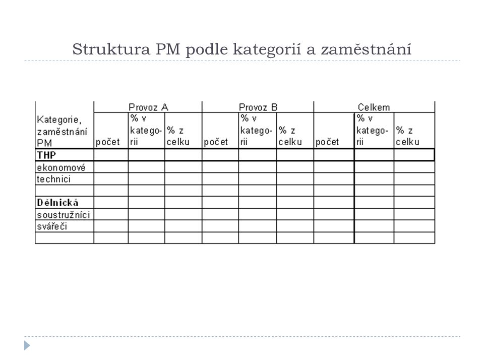 Struktura PM podle kategorií a zaměstnání