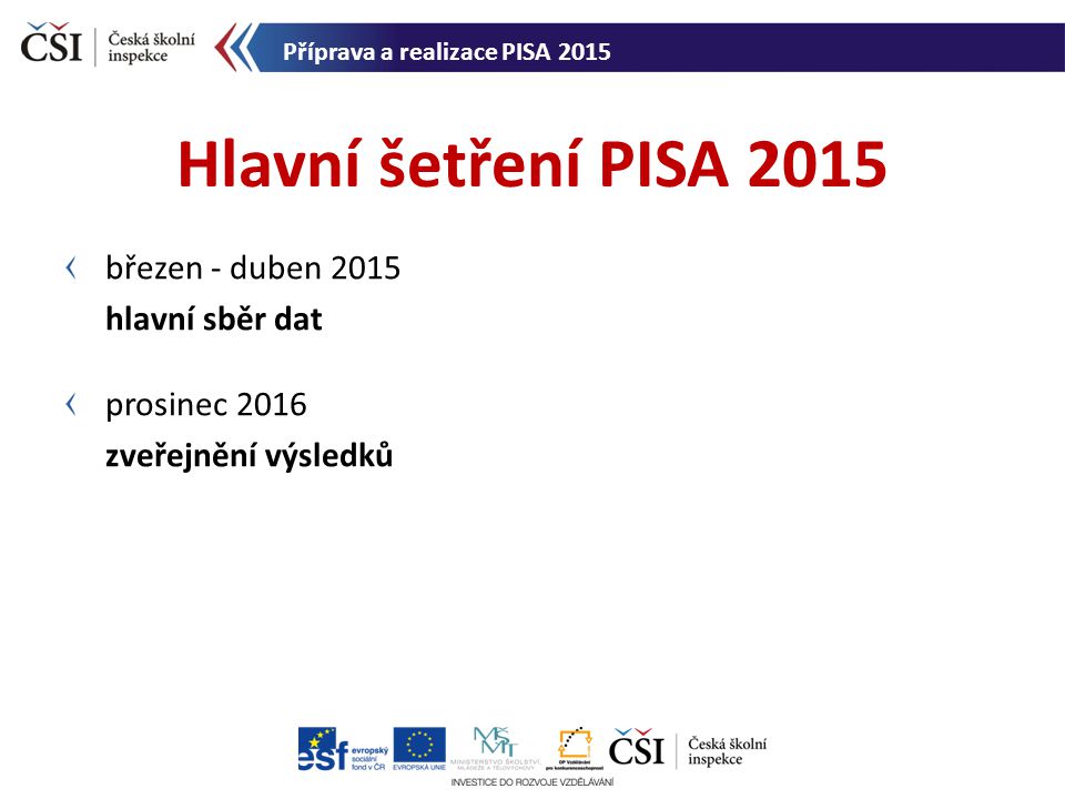 Hlavní šetření PISA 2015 březen - duben 2015 hlavní sběr dat