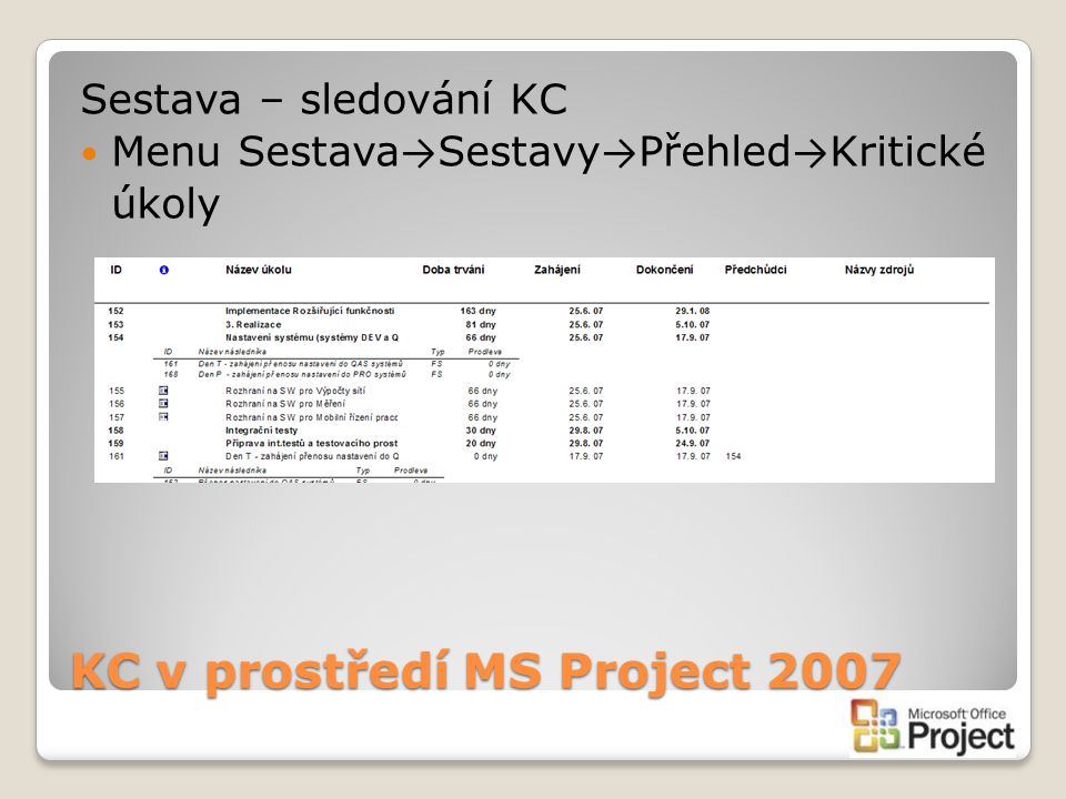 KC v prostředí MS Project 2007