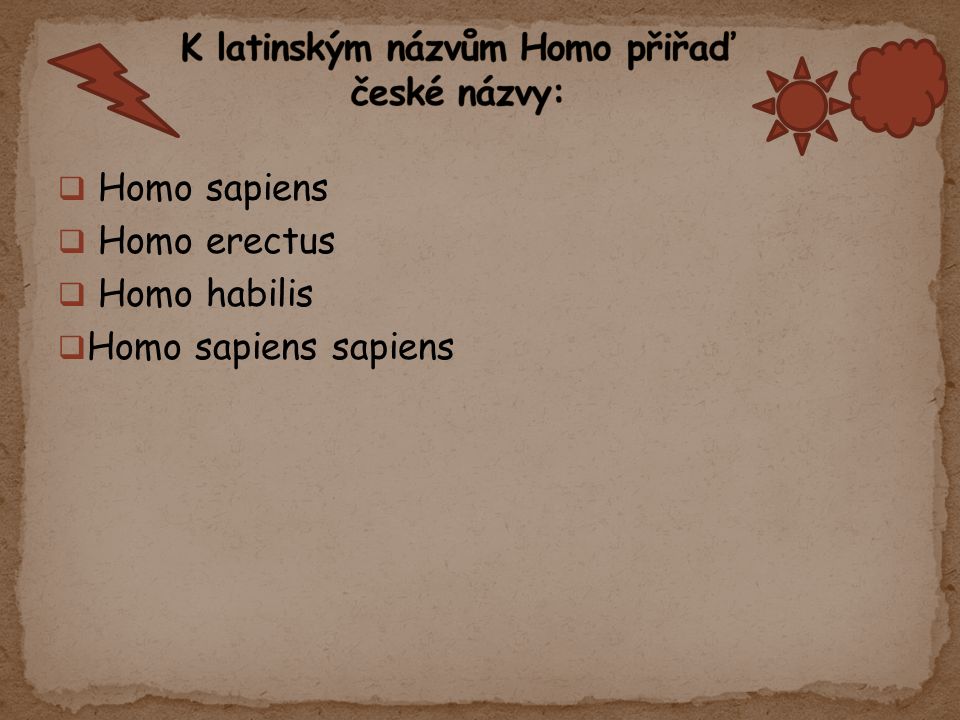 K latinským názvům Homo přiřaď české názvy: