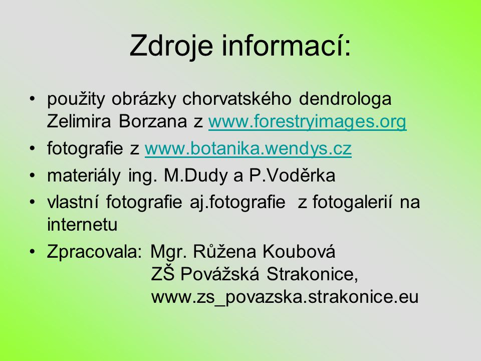 Zdroje informací: použity obrázky chorvatského dendrologa Zelimira Borzana z