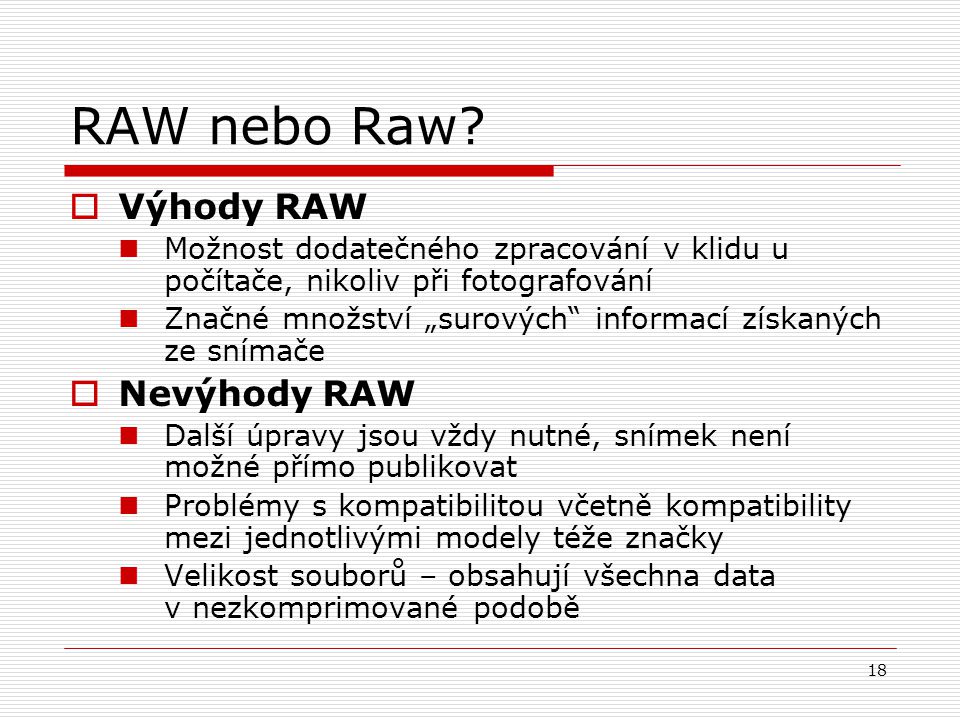 RAW nebo Raw Výhody RAW Nevýhody RAW