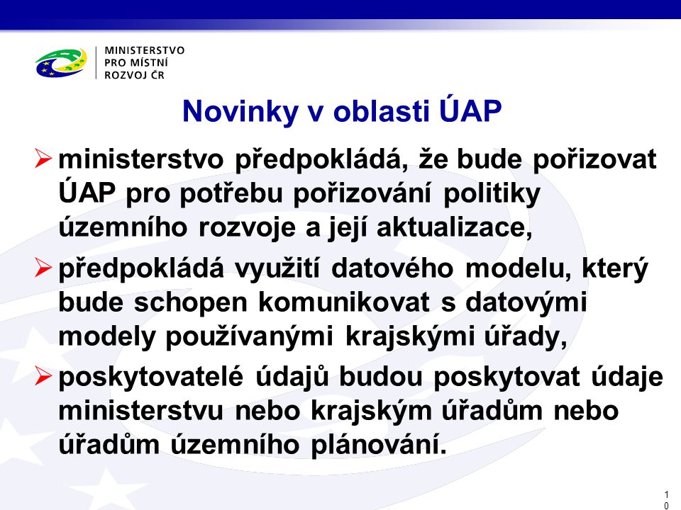 Novinky v oblasti ÚAP ministerstvo předpokládá, že bude pořizovat ÚAP pro potřebu pořizování politiky územního rozvoje a její aktualizace,