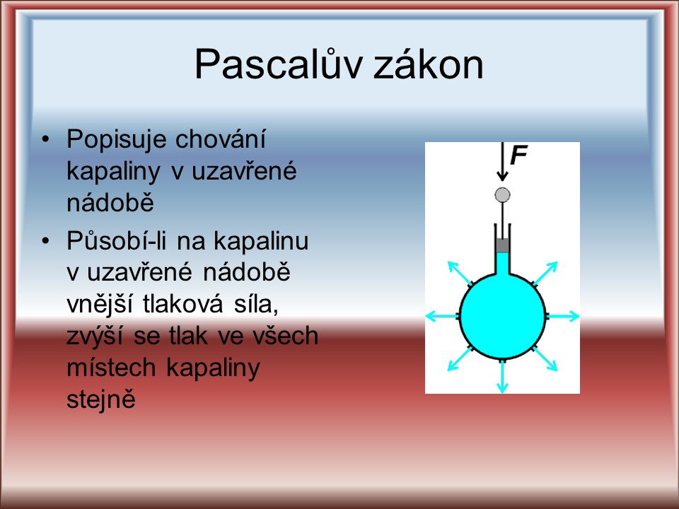 Pascalův zákon Popisuje chování kapaliny v uzavřené nádobě