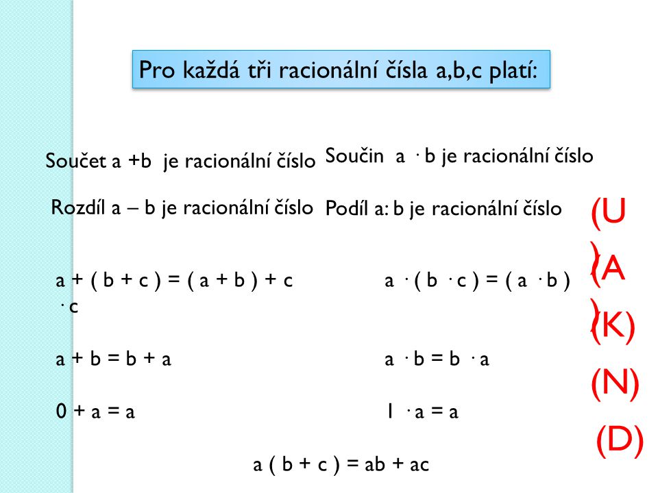 (U) (A) (K) (N) (D) Pro každá tři racionální čísla a,b,c platí: