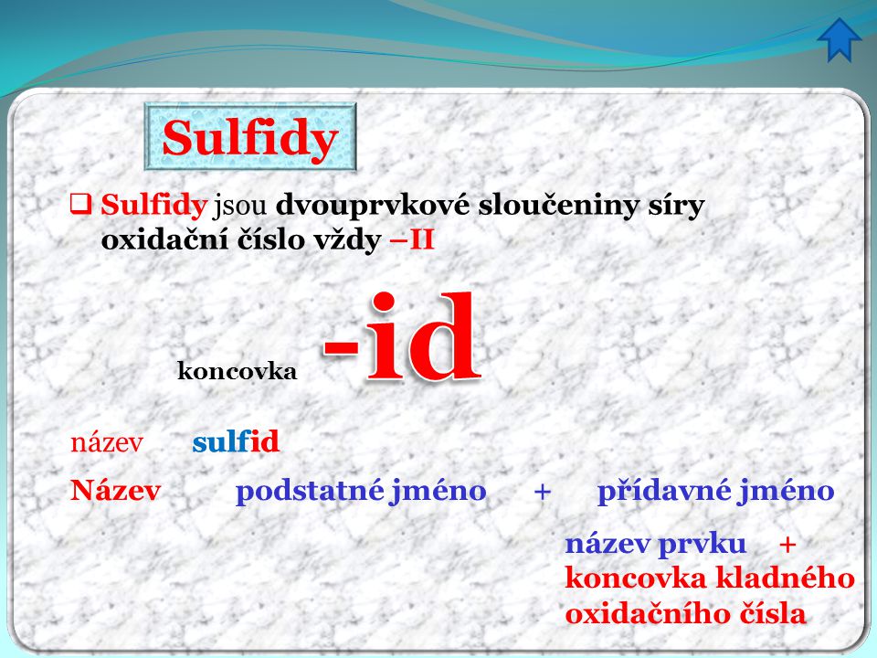 Sulfidy Sulfidy jsou dvouprvkové sloučeniny síry oxidační číslo vždy –II. -id. koncovka. název sulf.