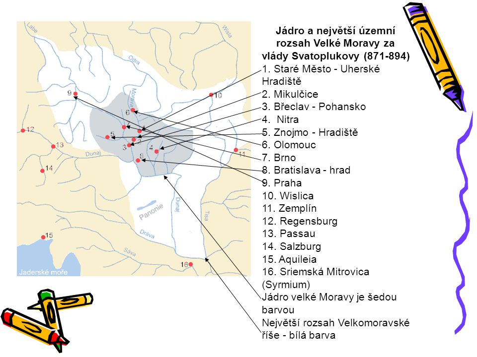 Jádro a největší územní rozsah Velké Moravy za vlády Svatoplukovy ( )