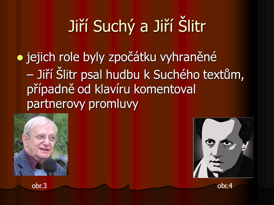 Jiří Suchý a Jiří Šlitr jejich role byly zpočátku vyhraněné