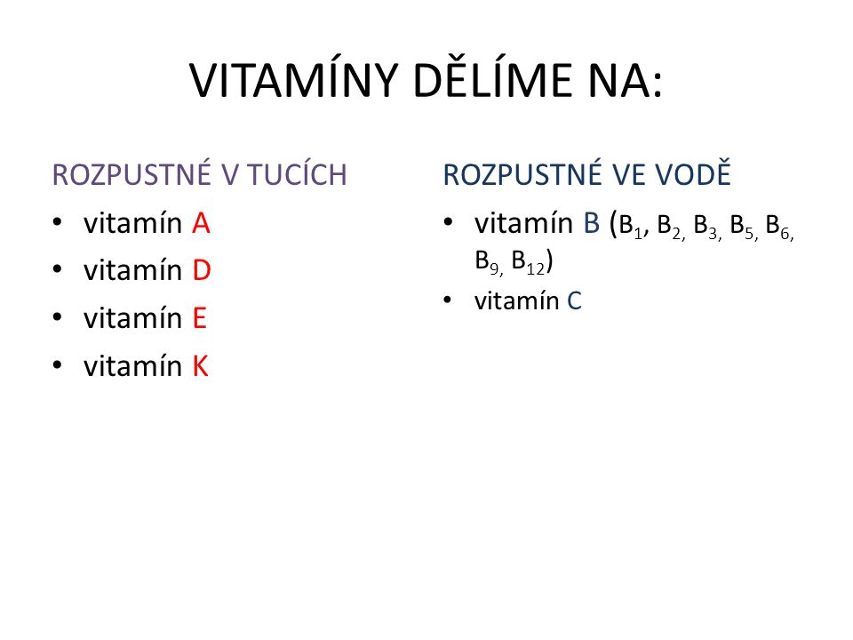 VITAMÍNY DĚLÍME NA: ROZPUSTNÉ V TUCÍCH vitamín A vitamín D vitamín E